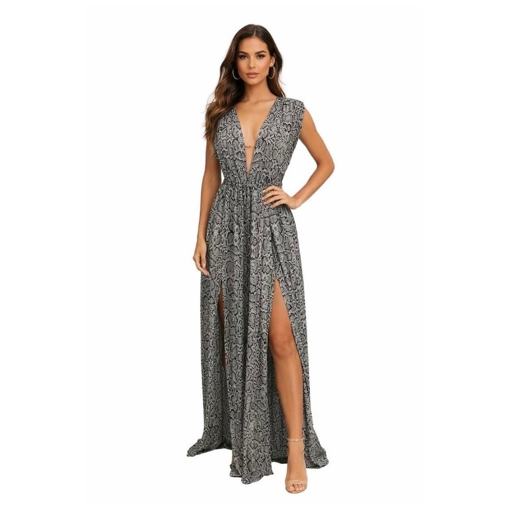 ViX Paula Hermanny Snakeskin Print Plunging Maxi Dress Grey Black XS